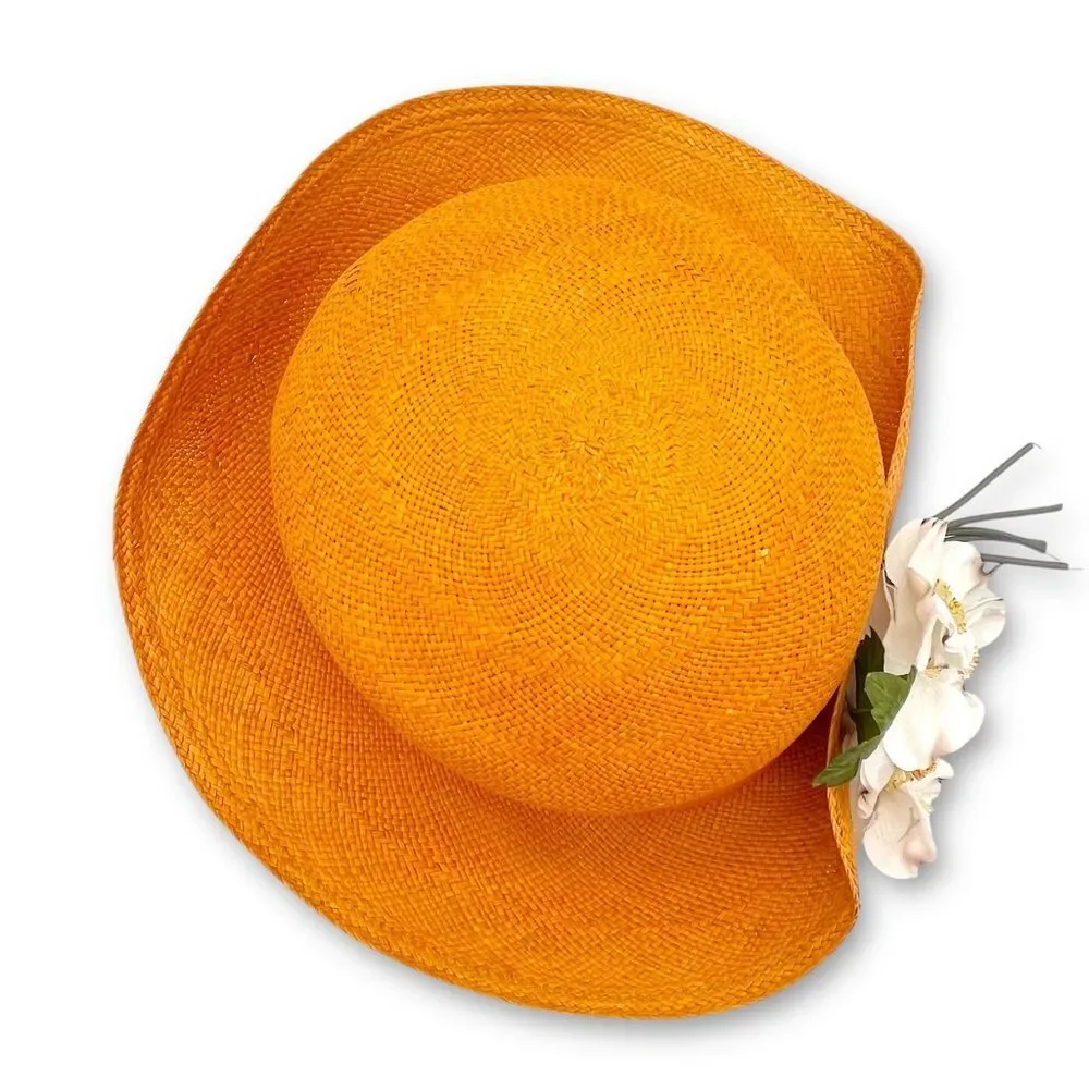 Vintage 1960s Madcaps Orange Straw Hat White Blossom Flower Pin Trim Wide Brim - Picture 12 of 16